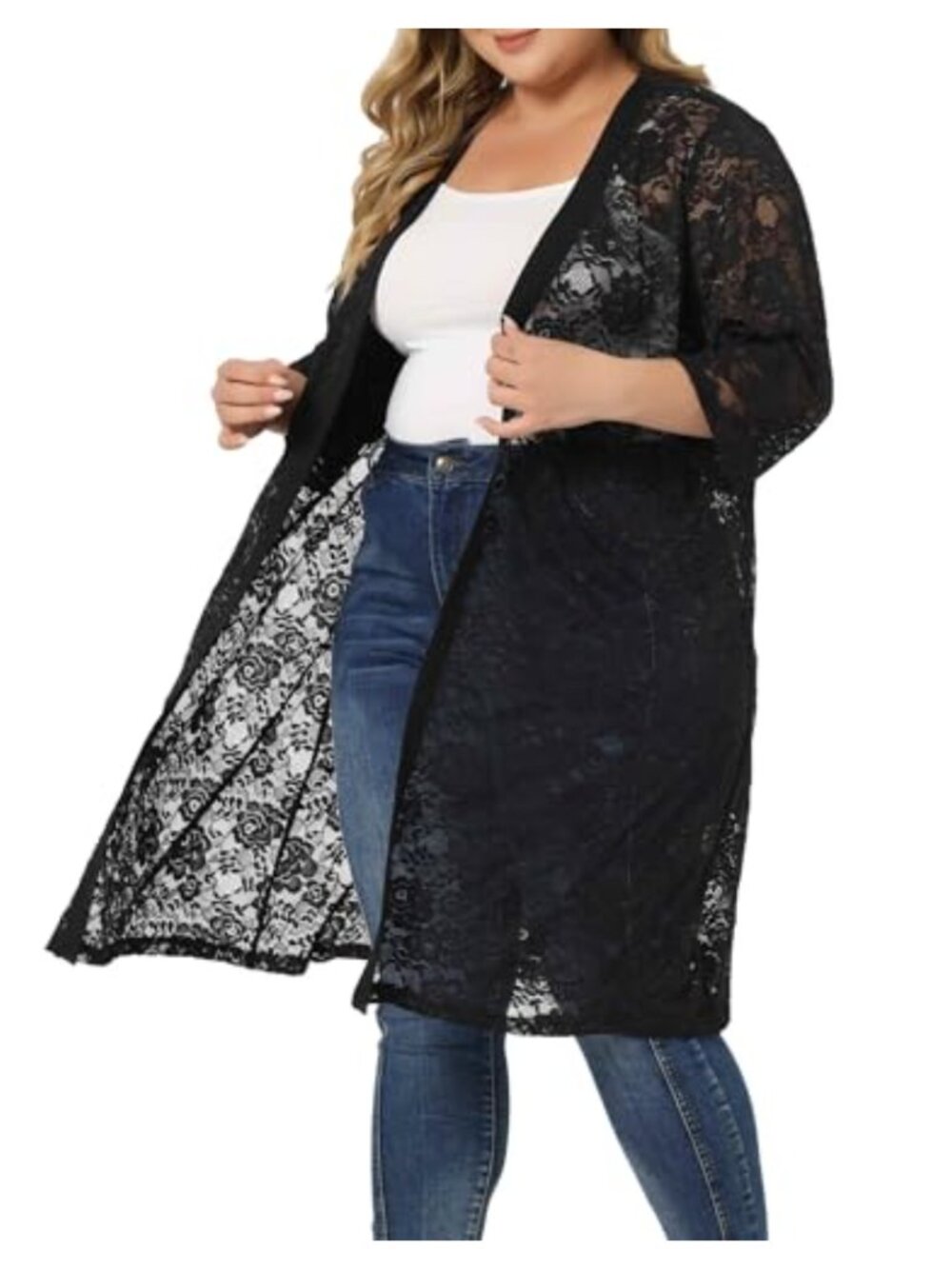Plus Size Lace Cardigan 3/4 Sleeve Open Front Cover Up